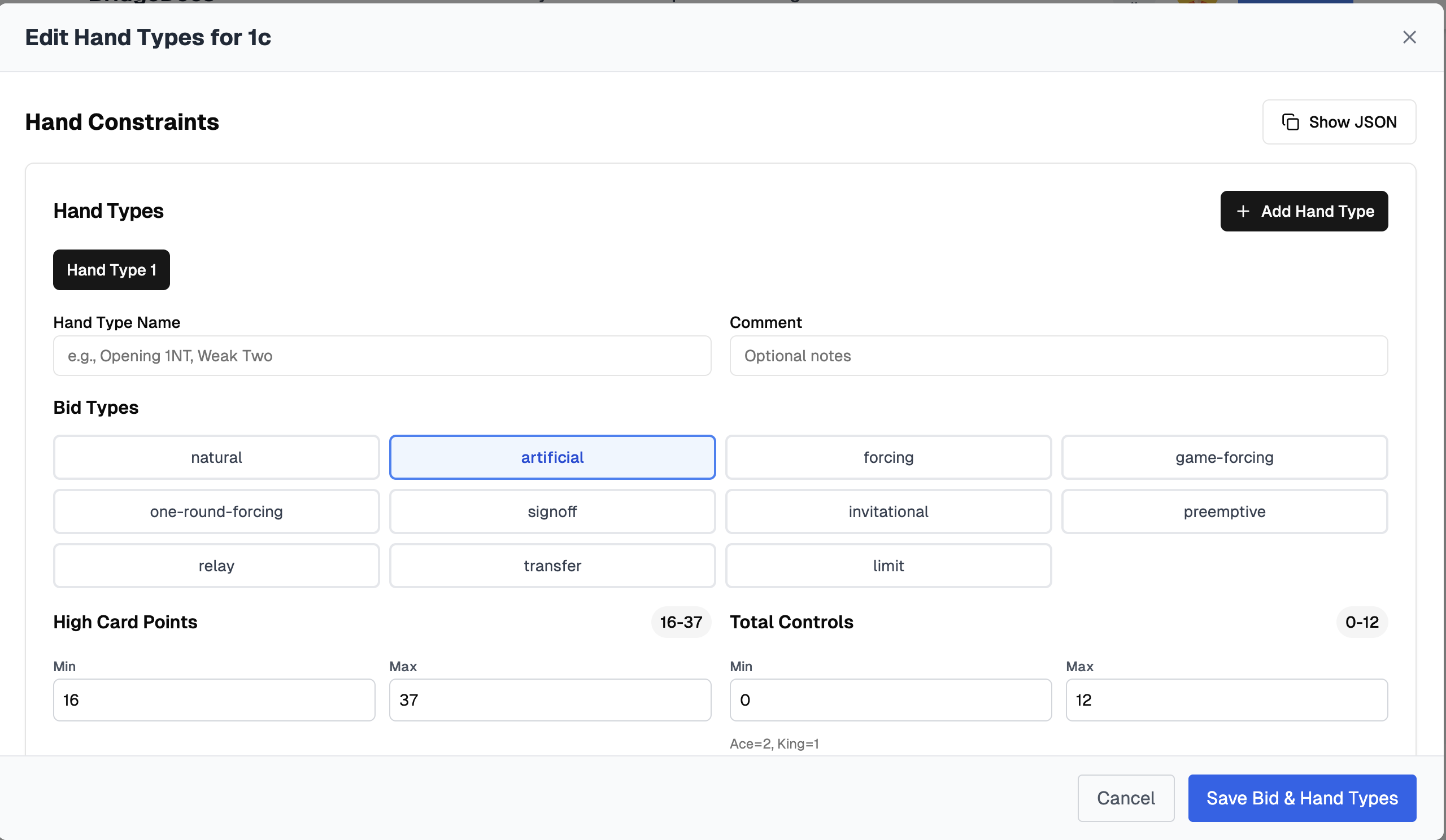Bidding Constraints Screenshot